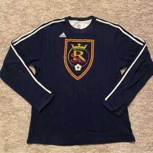 Adidas Real Salt Lake Soccer Waffle Knit Long Sleeve Blue Men’s L Shirt 3 Stripe